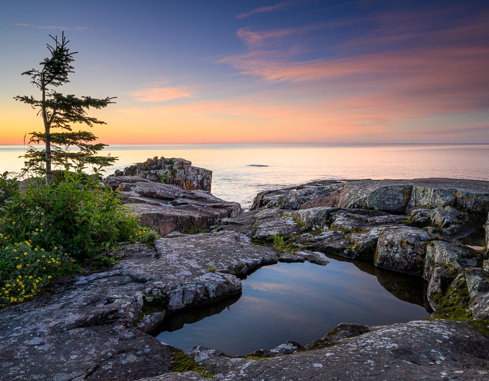 A calm sunrise over Lake Superior from Artist's Point.