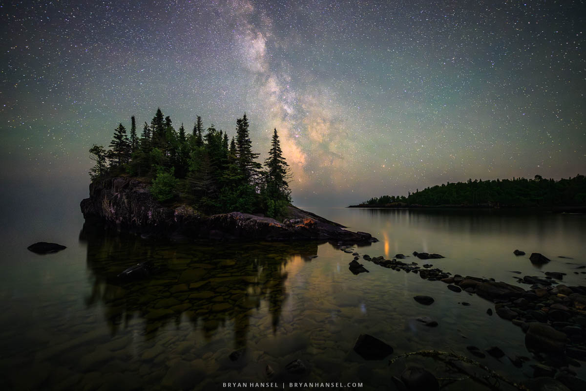 An island on Lake Superior under the Milky Way